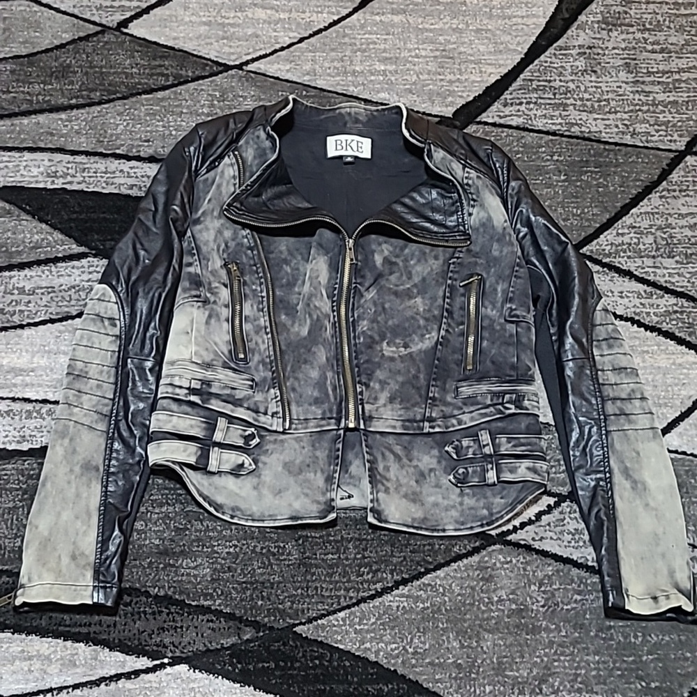 BKE BLACK VAULT WASH ZIPPER FAUX LEATHER COTTON MOTO JACKET